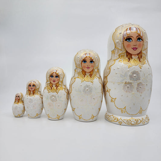 5 Piece Matryoshka White & Gold Floral